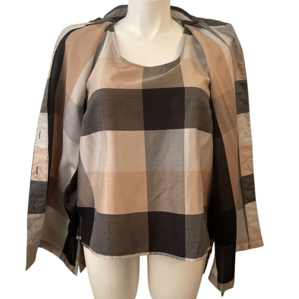 Sag Harbor PlUS Size 18 Two-fer Plaid Brown Button Up Shirt Blouse Office NWT